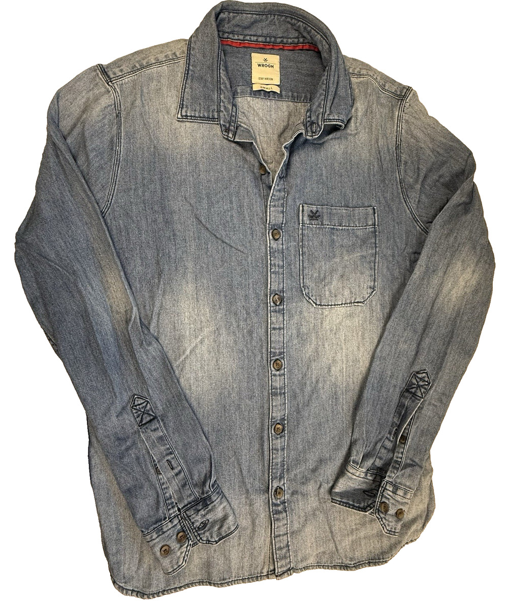 Wrogn Men's Faded Denim Shirt Small Vintage Wash Y2K Streetwear Indie Sleaze
